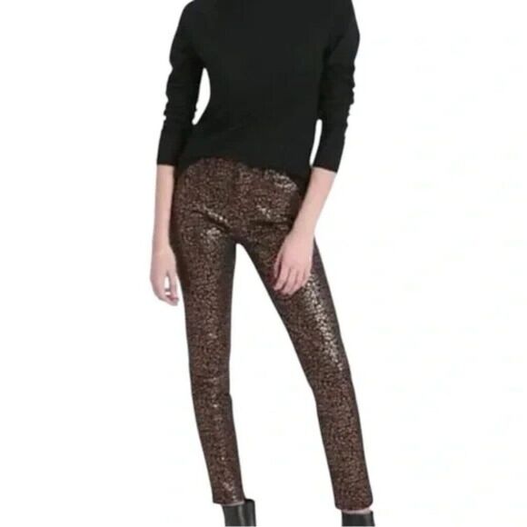 Banana Republic Mid Rise Ankle Rose Gold Metallic Leopard Print Jeans 31 NWOT - Picture 2 of 11